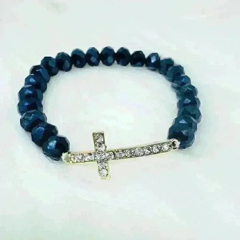 Navy Blue Beaded Bracelet with Rhinestones Cross